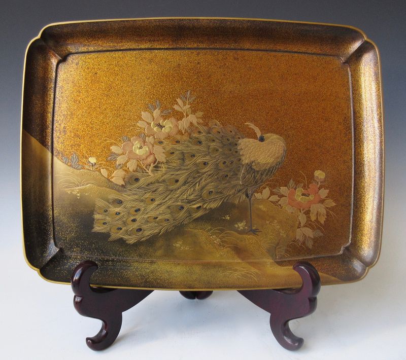 Japanese Maki-e Inlaid Lacquer Tray with Peacock
