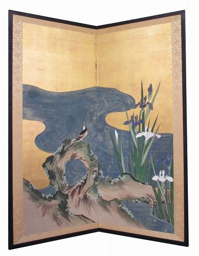 Japanese Antique 2-panel Screen Painting of Bird and Irises
