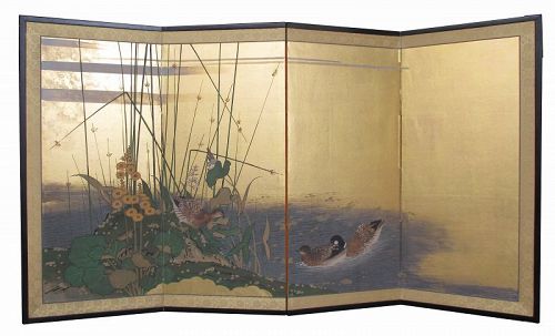 Japanese 4-panel Screen Painting with Ducks and Grasses