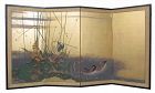 Japanese 4-panel Screen Painting with Ducks and Grasses