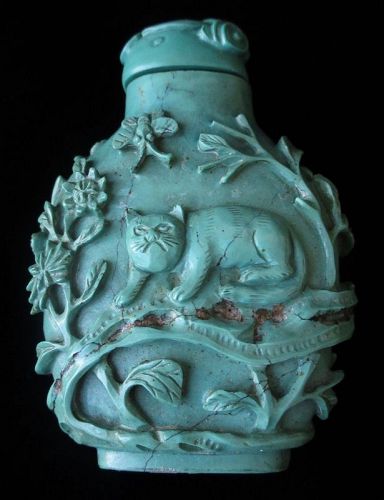 Antique Chinese Turquoise Snuff Bottle with Cat and Bird