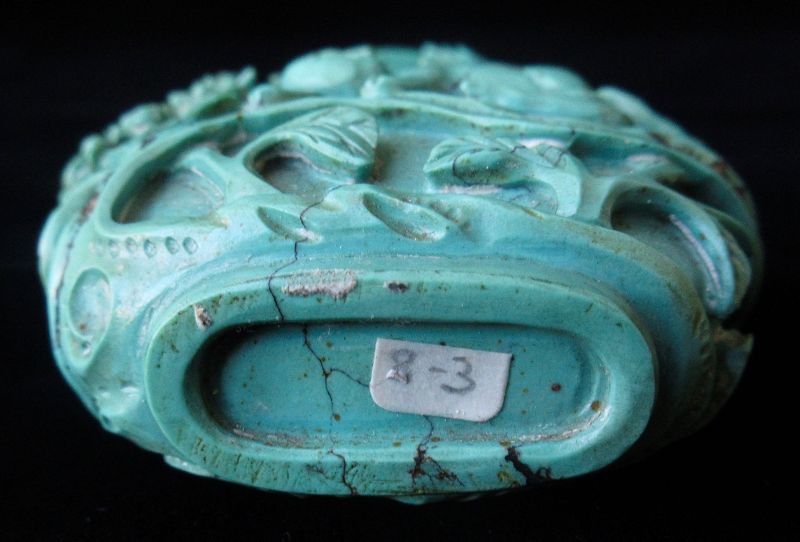 Antique Chinese Turquoise Snuff Bottle with Cat and Bird