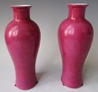 Antique Chinese Pair of Raspberry Porcelain Vases with Hongxian Mark