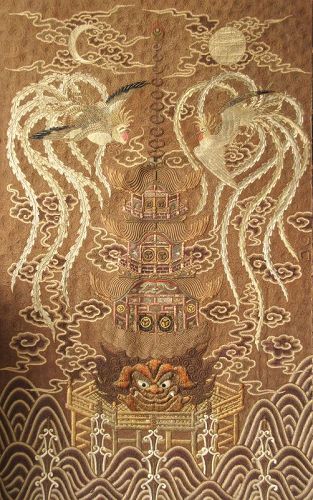 Imperial Japanese Tokugawa Rope Embroidery on Silk of Two Phoenixes