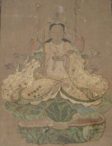 Rare Japanese Muromachi Embroidered Triptych of Eight Armed Kannon