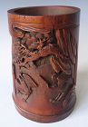 Antique Chinese Carved Bamboo Brush Pot with Cranes, Signed