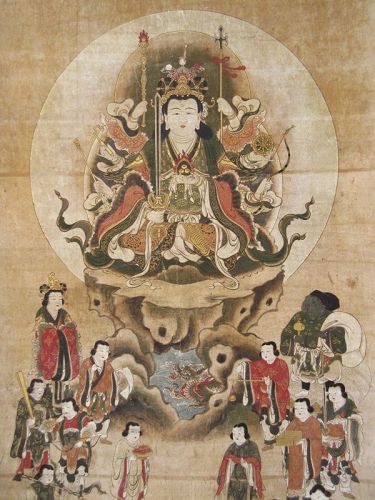 Japanese Edo Buddhist Scroll Painting of Eight Armed Kannon
