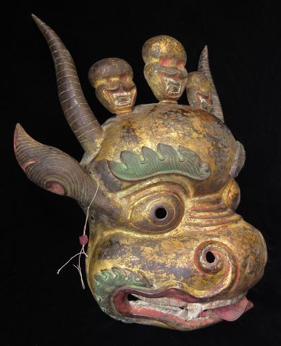 Antique Tibetan Buddhist Gilt Copper Repousse Mask of Yamataka