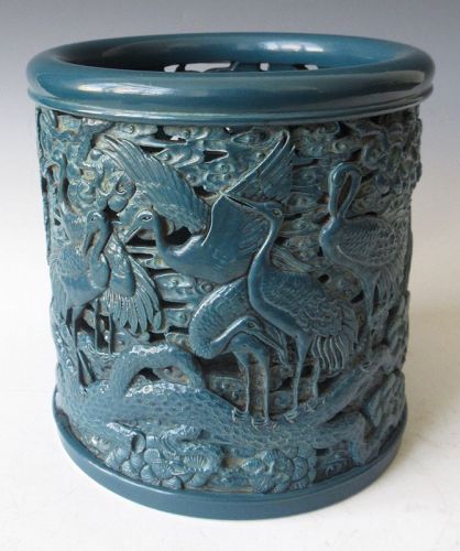 Chinese Pierced Monochrome Porcelain Brushpot with Cranes