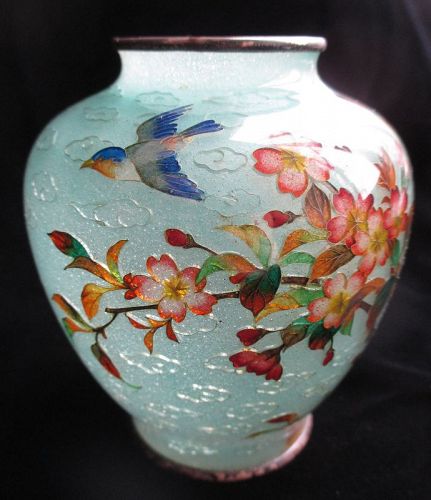 Japanese Antique Plique-a-jour Cloisonne Vase with Bird