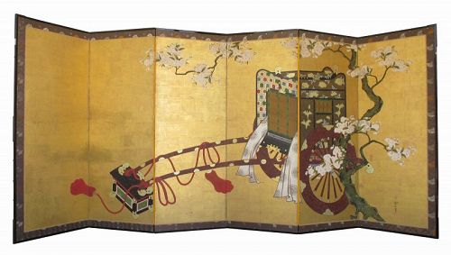 18th Century Japanese 6-panel Gosho-Guruma Carriage Screen
