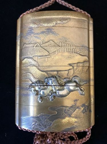 Antique Japanese Inro with Horses and Gold Landscape