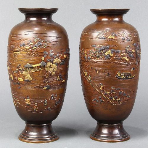 A Pair of Antique Japanese Mixed Metal Bronze Vases