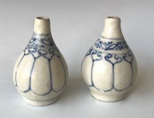 Antique Vietnamese Blue Ceramic Pair of Mini Bottles