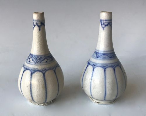 Antique Vietnamese Blue Ceramic Pair of Mini Bottles