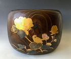 Antique Japanese Hibachi with Maki-E Gilt Lacquer and Inlay