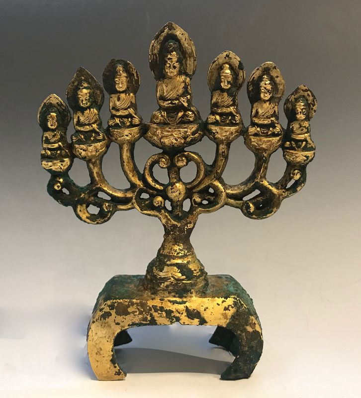 An Antique Bronze Tang-Sui Votive with 7 Buddhas