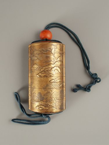 Japanese Gold Lacquer Inro with River and Trees, Meiji period