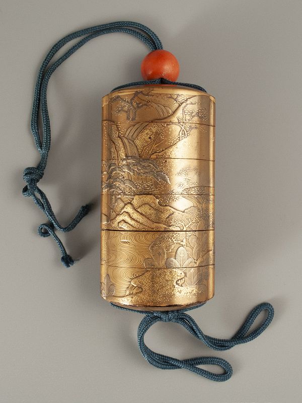 Japanese Gold Lacquer Inro with River and Trees, Meiji period