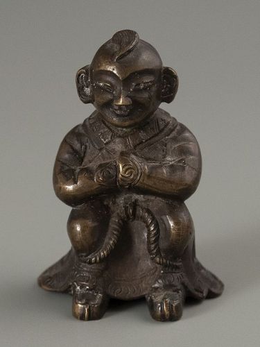 Chinese Ming Dynasty Small Bronze Scroll Weight of Seated Man