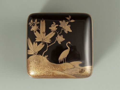 Japanese Antique Small Lacquer Tebako with Crane and Turtle