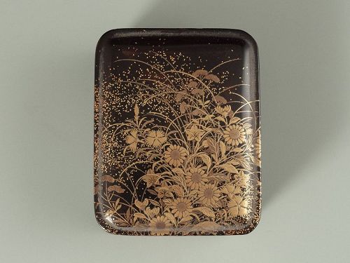 Japanese Antique Small Lacquer Tebako with Wild Flowers