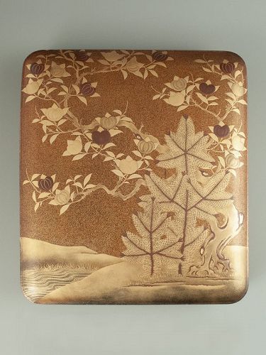 Japanese Antique Lacquer Suzuribako with Pines and Tachibana