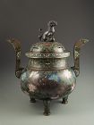 Chinese Antique Large Cloisonne Tripod Censer with Fu-dogs