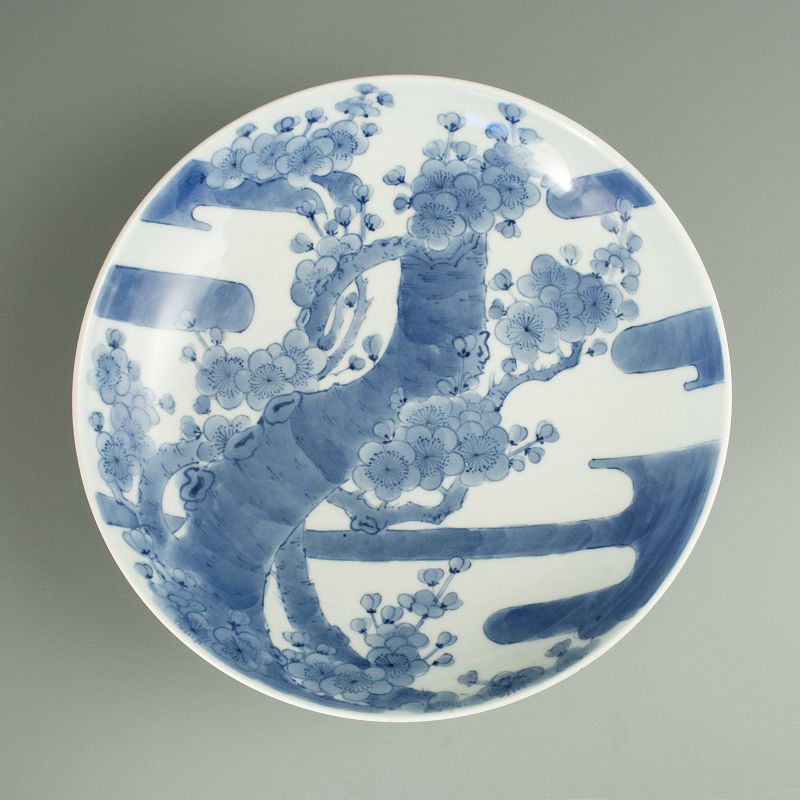 Nabeshima Blue and White Plate with Plum Blossoms and Clouds