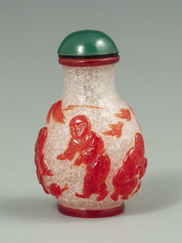 Chinese Antique Red Crystalline Snuff Bottle with Children