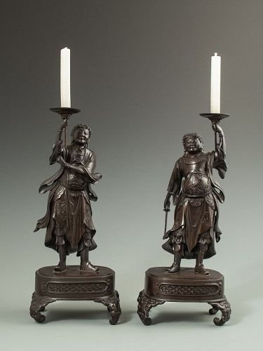 Pair of Antique Japanese Bronze Candlesticks
