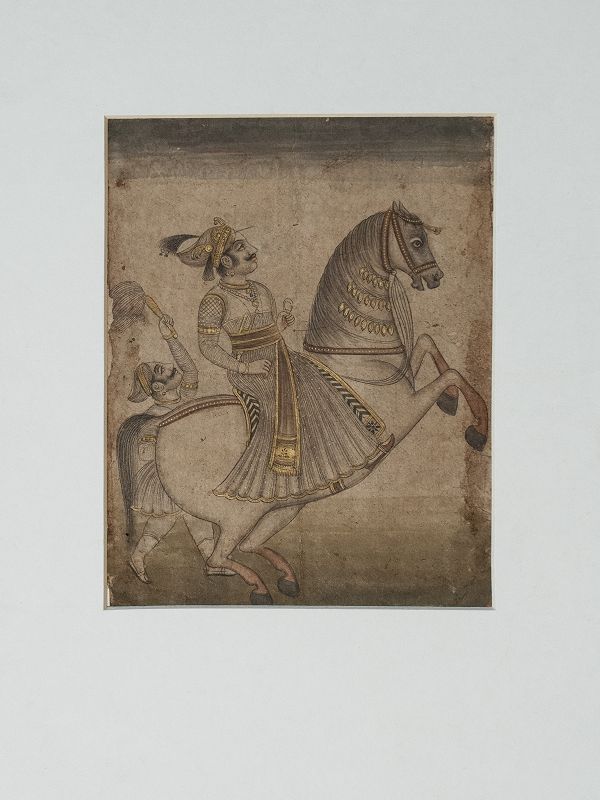 Indian Miniature Mewar Painting of Maharaja on White Horse