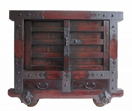 Antique Japanese Kuruma Tansu (Wheeled Chest) Edo Period Kurinoki