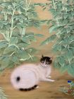 Antique Japanese Scroll Recumbent Cat Amongst the Peonies Artist Sign