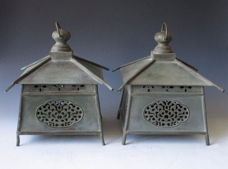 Antique Japanese Pair of Bronze Garden Temple Lanterns