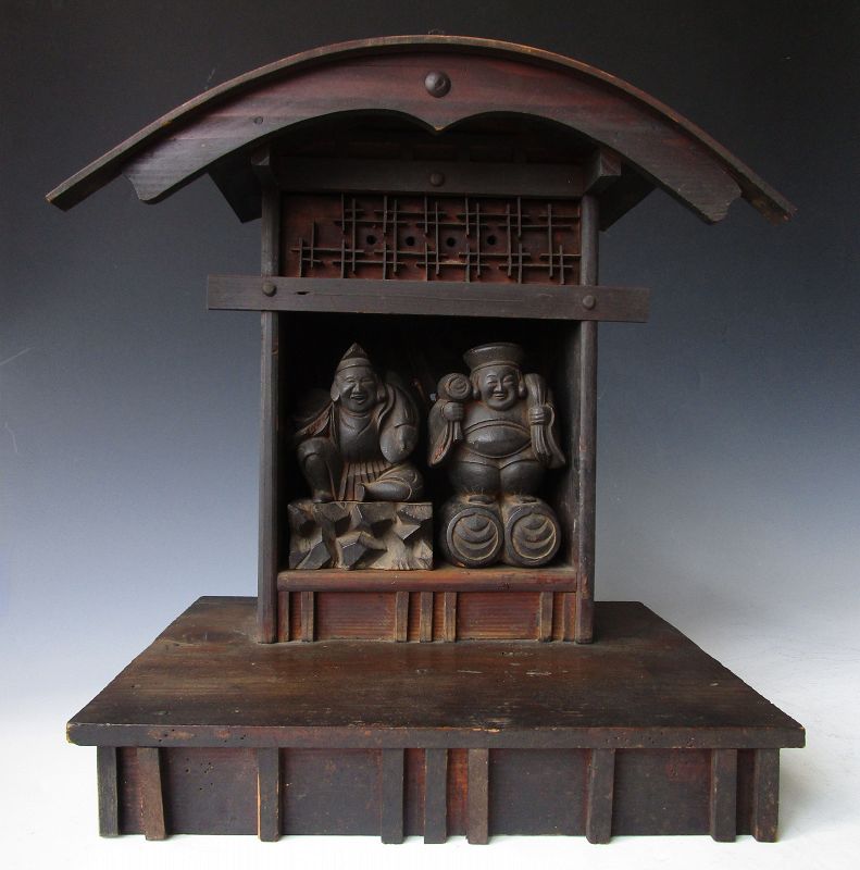 Antique Japanese Shinto Shrine Housing Ebisu & Daikoku Dieties Mingei