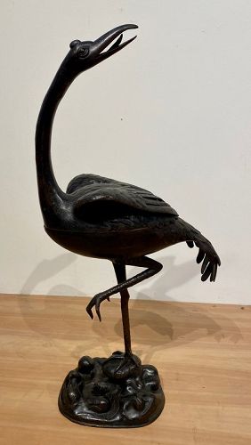 Edo Period Japanese Bronze Red Crown Crane Incensor