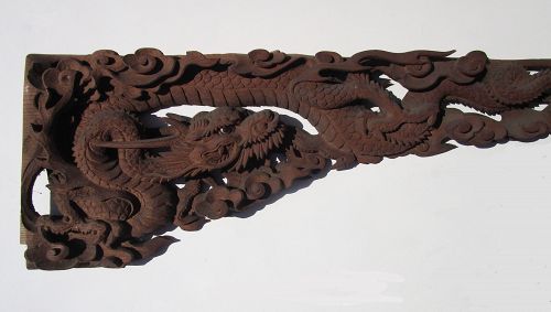 Antique Japanese Buddhist Ryu Dragon Temple Carving Protecting a Hoju