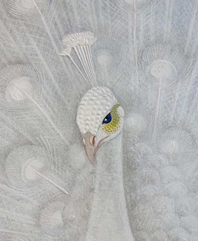 Extraordinary Japanese Peacock Pigment on Silver  Fukuda Suiko