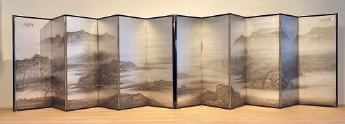 Pair of Silver leaf Six Panel Landscape Byobu Screen by: Kōno Shūson