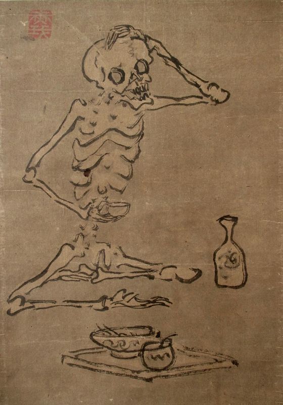 Skeleton in his Cups,  Japanese Scroll Painting,  Edo Period