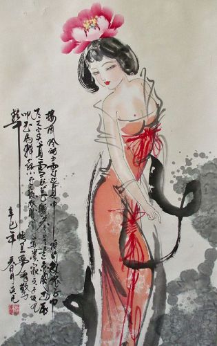 Chinese Scroll Painting of Beauty with Peony by Wu Fan