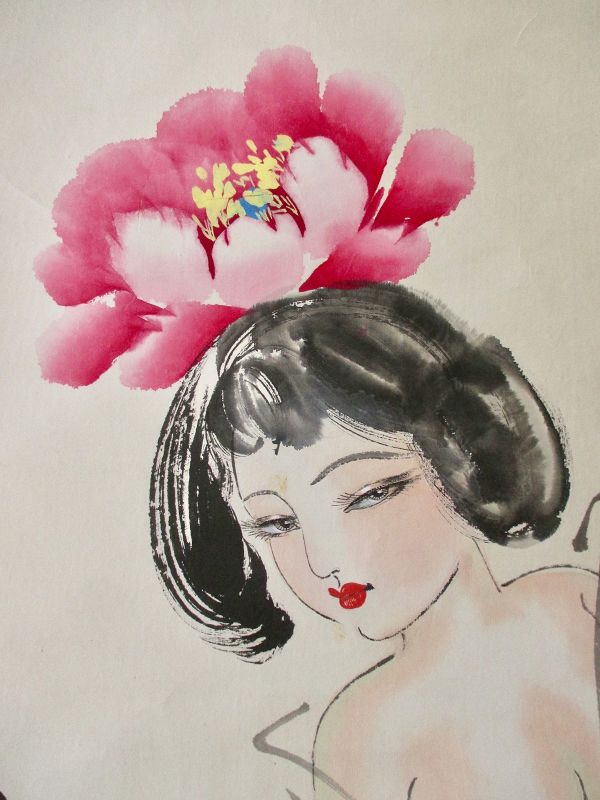 Chinese Scroll Painting of Beauty with Peony by Wu Fan