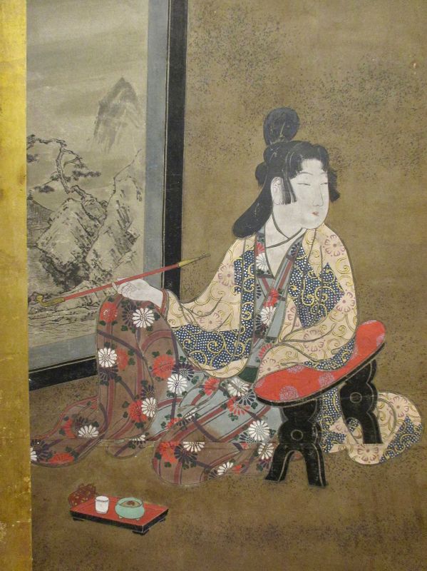 Japanese 2-panel Screen Painting of a Smoking Figure,  Edo Period