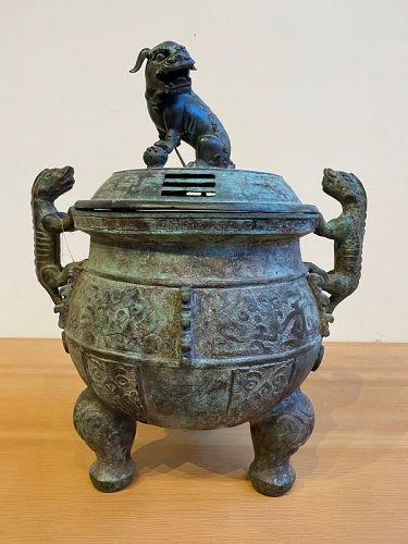 Rare Large Ming Dynasty 17th C. Chinese Bronze In-censor with Fu-dog