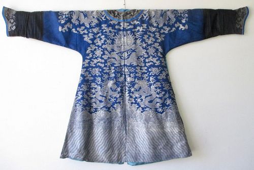 Chinese Antique Blue and Silver Dragon Robe,  Qing Dynasty