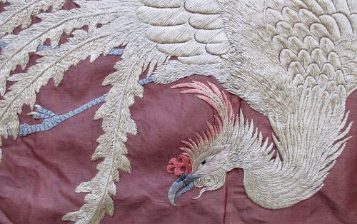 Japanese Antique Silk Embroidered Altar Cloth of 3 Phoenixes