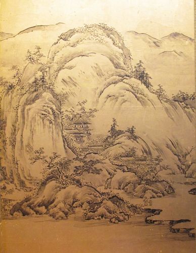 Japanese Antique Pair of Landscape Screen Paintings