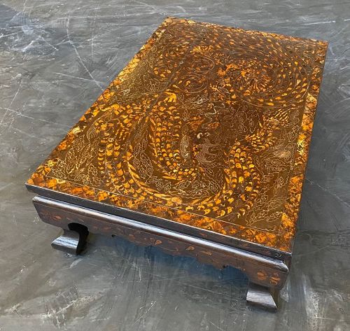 Low Korean Inlaid Brown Lacquered Table W/ 4-Toed Dragon