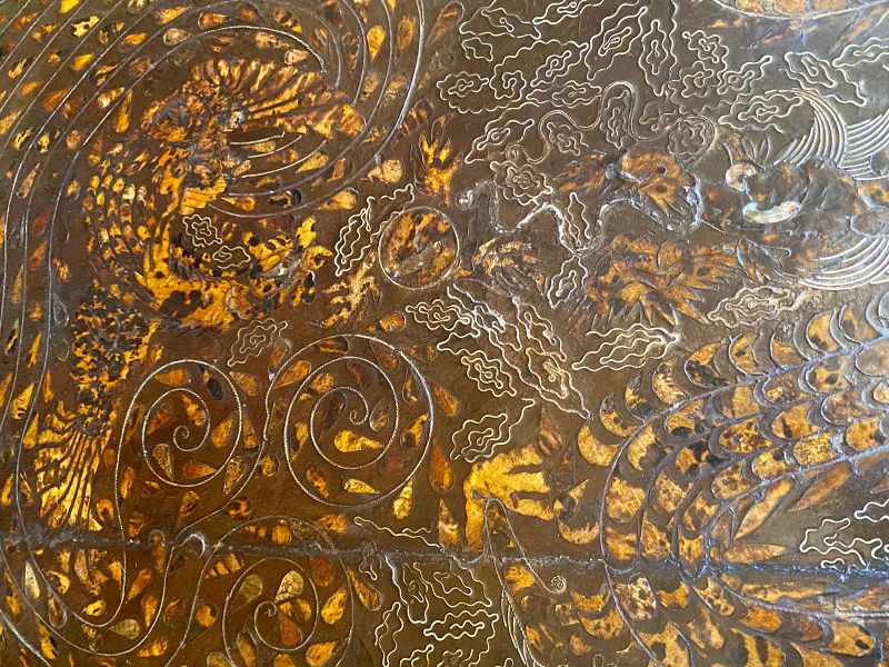 Low Korean Inlaid Brown Lacquered Table W/ 4-Toed Dragon
